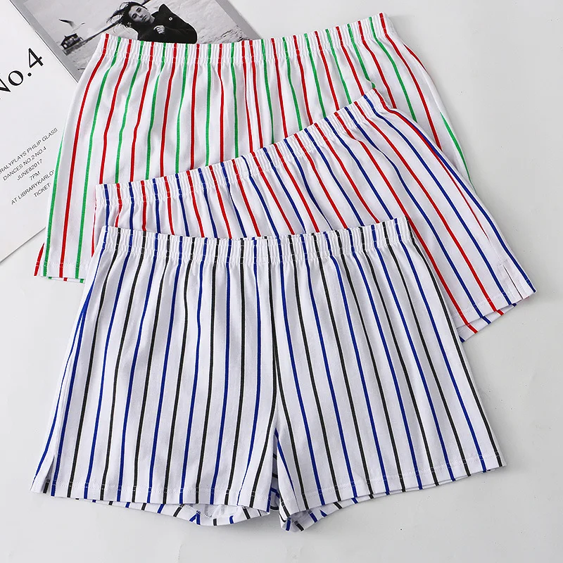 Cotton Striped Boxer Shorts Men Loose Underpants Large Size Summer Home Bottom Soft Breathable Lounge Pajama Mid Waist Sleepwear