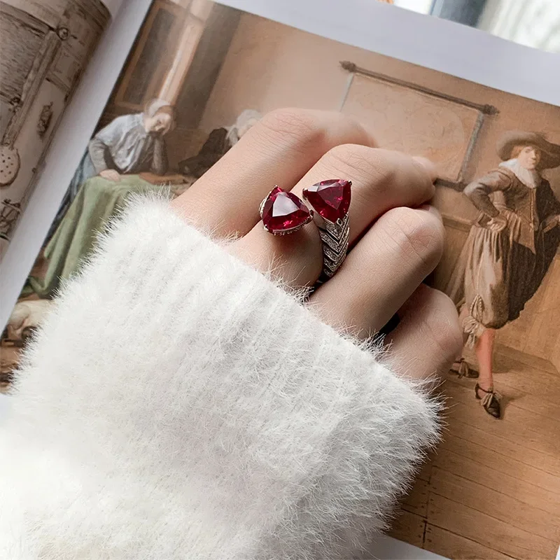 New jewelry S925 silver plated 18K gold inlaid colorful corundum fat triangle temperament cultivated gemstone ring for women 8*8