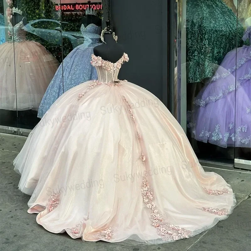 Vestidos de quinceañera de princesa rosa, apliques de hombros descubiertos, flores de encaje, vestido Floral dulce 16, vestido de baile, vestido de 15 personalizado