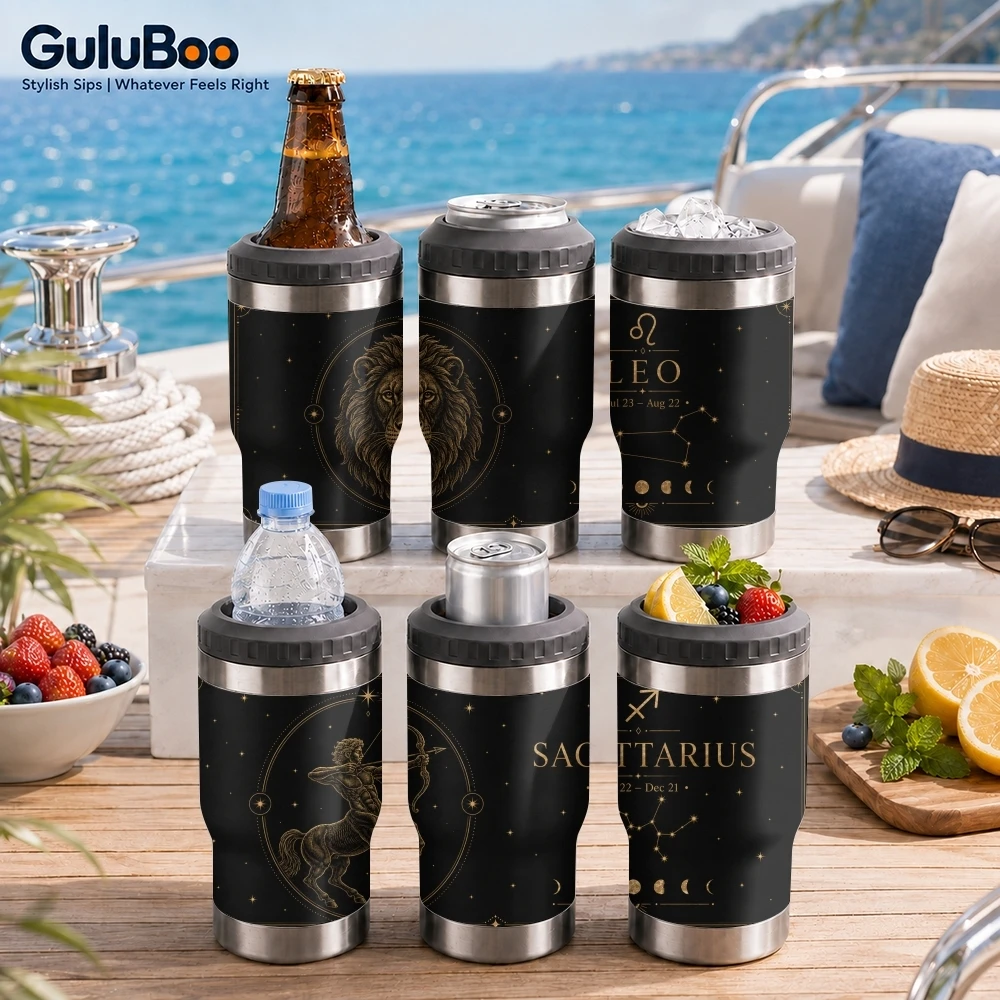7-12 Black Luxury Zodiac Signs 4-in-1 Insulated Can Cooler Cup For Beer Soda Coffee, Stainless Steel Hot Cold Drink Holder Mug