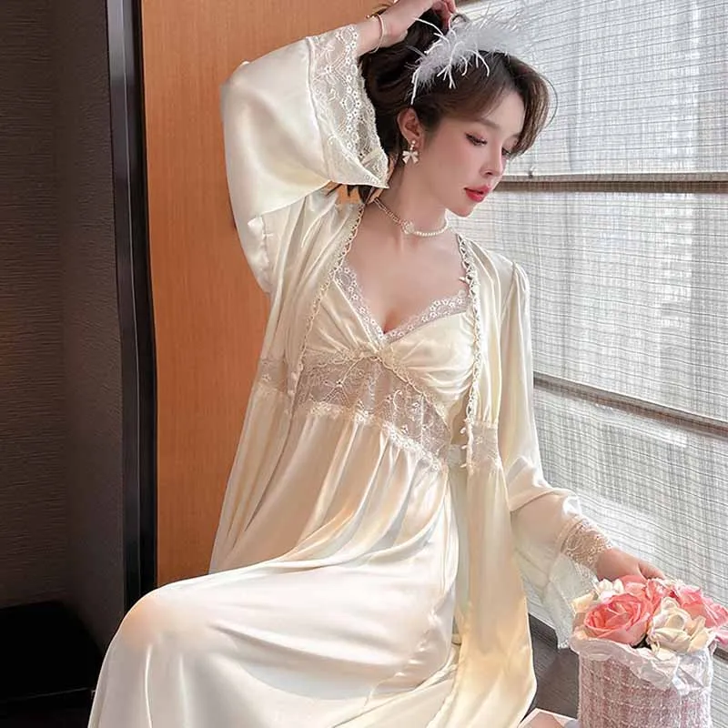 Spaghetti Strap Nightdress Women\'s 2024 New French Long Dress Lace Hollow Satin Nightgown Bathrobe Sexy Two-Piece Sleepwear Set