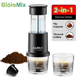 BioloMix-cafetera Espresso Manual 2 en 1, cafetera portátil caliente/fría para cápsulas NS y prensa Manual molida, senderismo y Camping