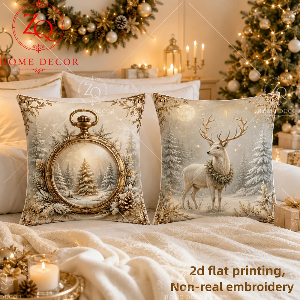 Vintage Christmas Reindeer Pocket Watch Throw Pillow Covers Soft   Winter Snowy Forest Decorative Cushion Cases For Bedroom