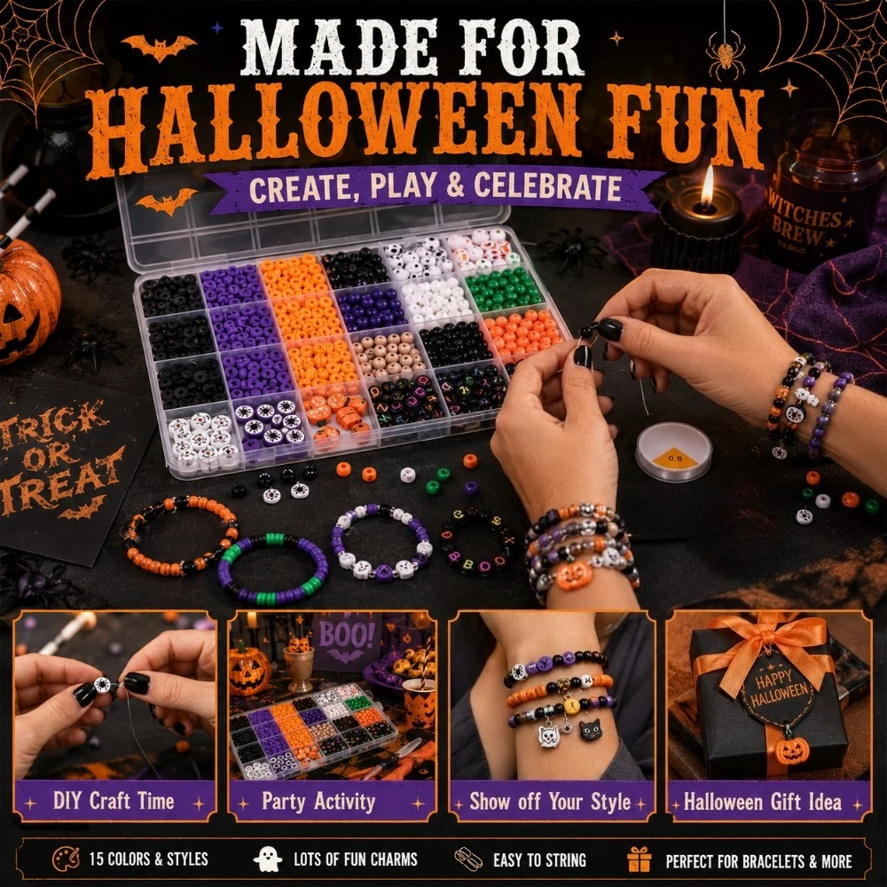 Halloween Jewelry Making Kit Mixed Skull Pumpkin Beads Alphabet Letter Beads DIY Bracelet Craft Supplies Halloween Party Gift