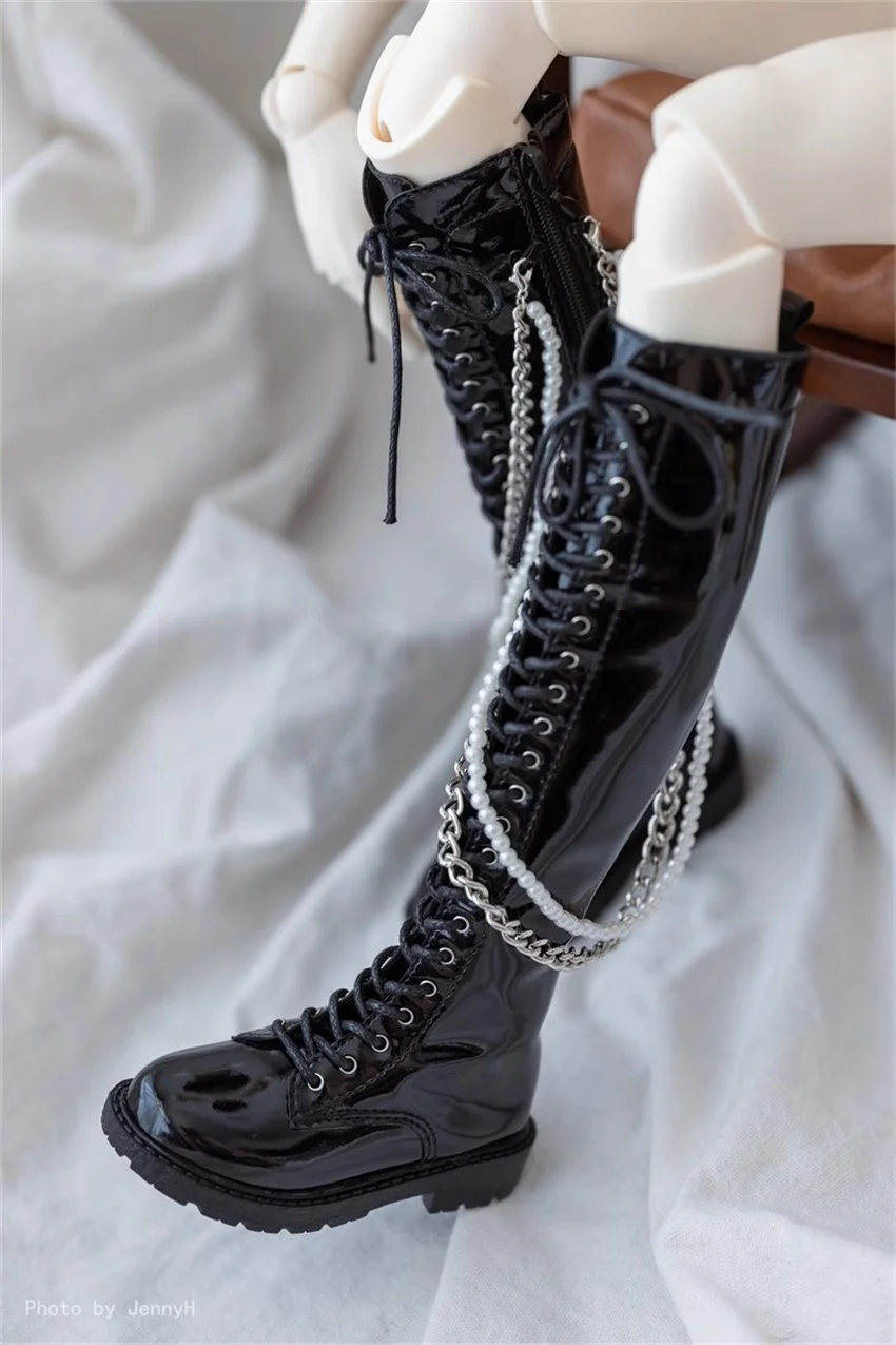 BJD SD Shoes 1/4& Uncle round head patent leather chain thigh-high boots bjd Doll Accessories