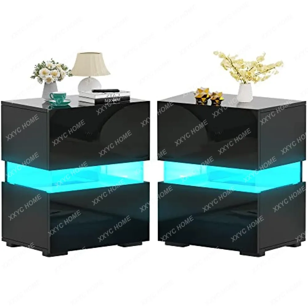 Nightstands Set of 2, Bedside Tables with LED Lights, Night Stands with High Gloss Drawers, Remote, for Bedroom - Black