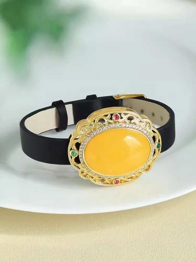 مكتب السيدات العمل العنبر الطبيعي بولي Leather الجلود دبوس مشبك سوار المرأة خمر S925 الفضة الإكسسوارات والمجوهرات مصمم أساور #2