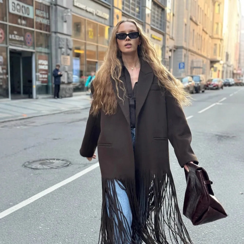 

Fashion Tassel Hem Women's Coat Autumn Winter Turndown Collar Long Sleeve Female Overcoat 2026 Brown High Street Lady Outwear