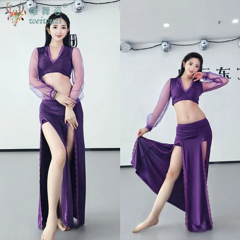 Costumi di danza del ventre per donna Top sexy con scollo a V in rete + gonna lunga in pizzo sexy 2 pezzi Tuta da allenamento professionale per danza orientale per adulti
