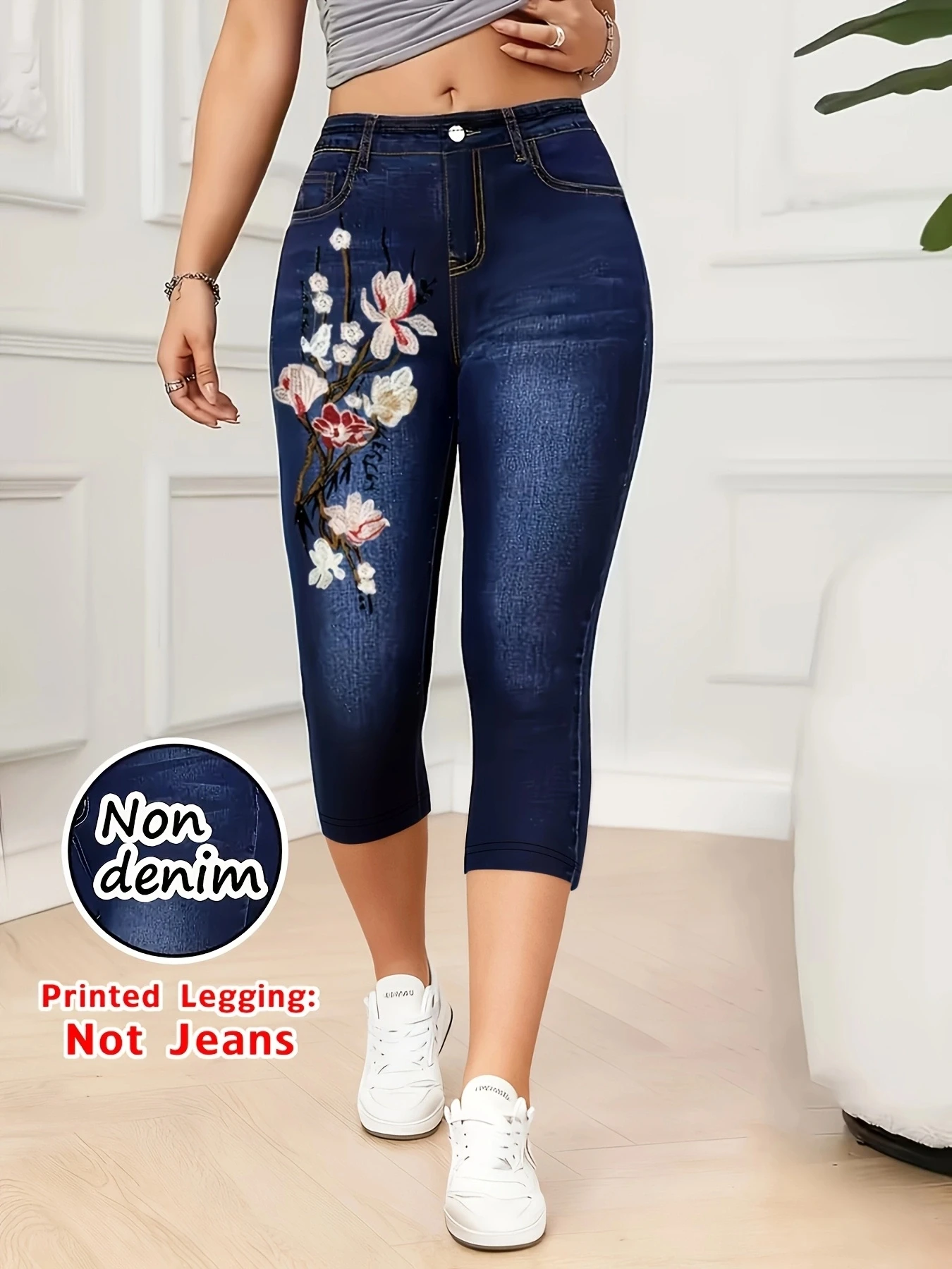 Printed Leggings, Not Denim Fabric, Fake Pocket & Button Print Capri Pants, High‑Stretch New Fashion Skinny Pants