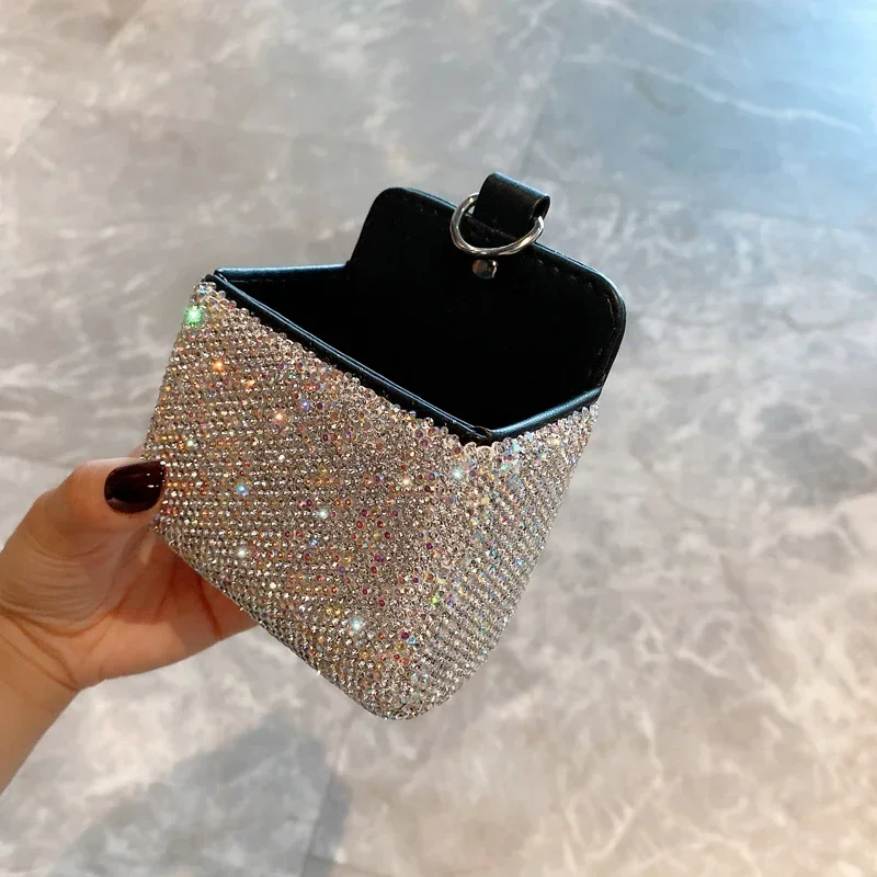 Sparkling Rhinestone Car Storage Bag Air Vent Hanging PU Organizer Box Phone Holder Luxury Car Decoration Small Clutter Case