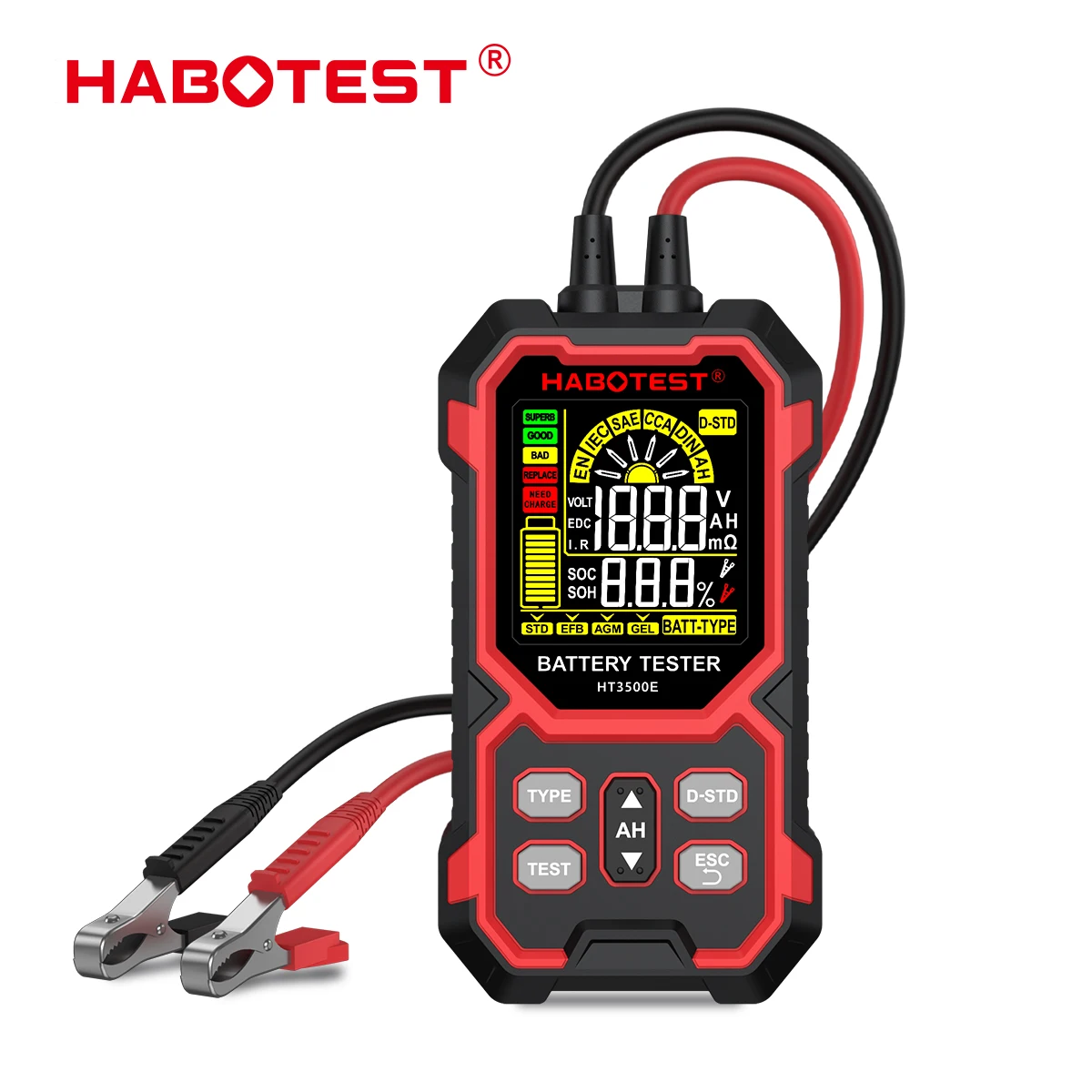 HABOTEST Car Battery Load Tester SOH CCA Capacity Tester LCD Display 8-30V MultiType Lead Acid Battery Diagnostic Device HT3500E