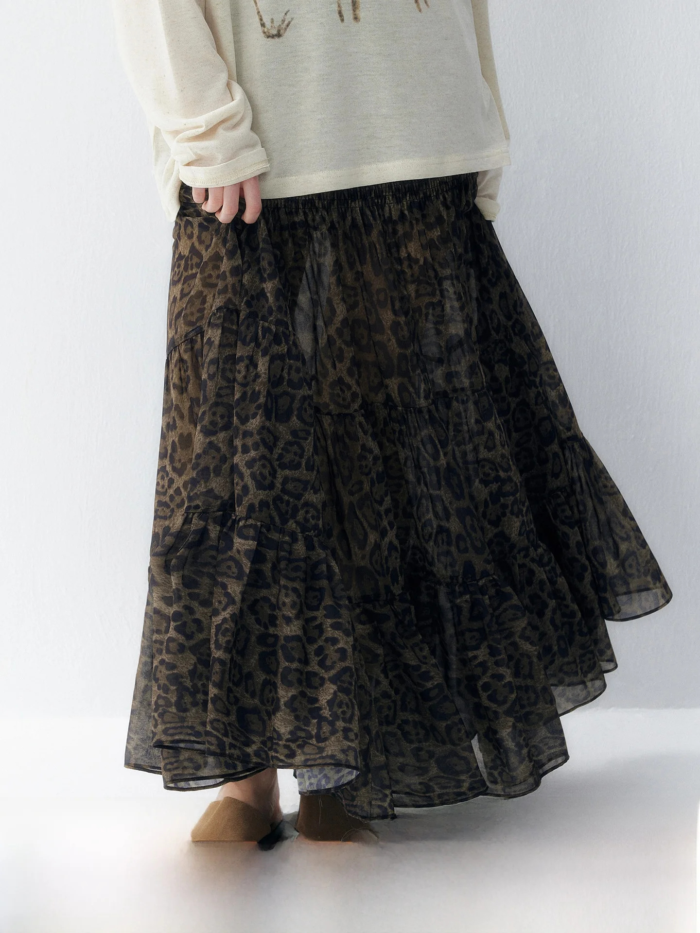  plus Leopard Print Chiffon Half Skirt Women's Mid-Length Elastic Waist A-Line Gown Breathable Skin-Friendly