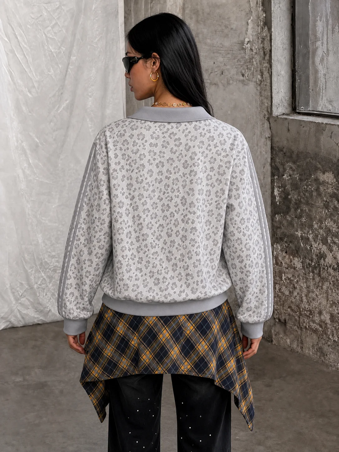 Women Leopard Print Polo Sweatshirt Long Sleeve Side Stripe V‑Neck Collar Pullover Loose Casual Streetwear Tops