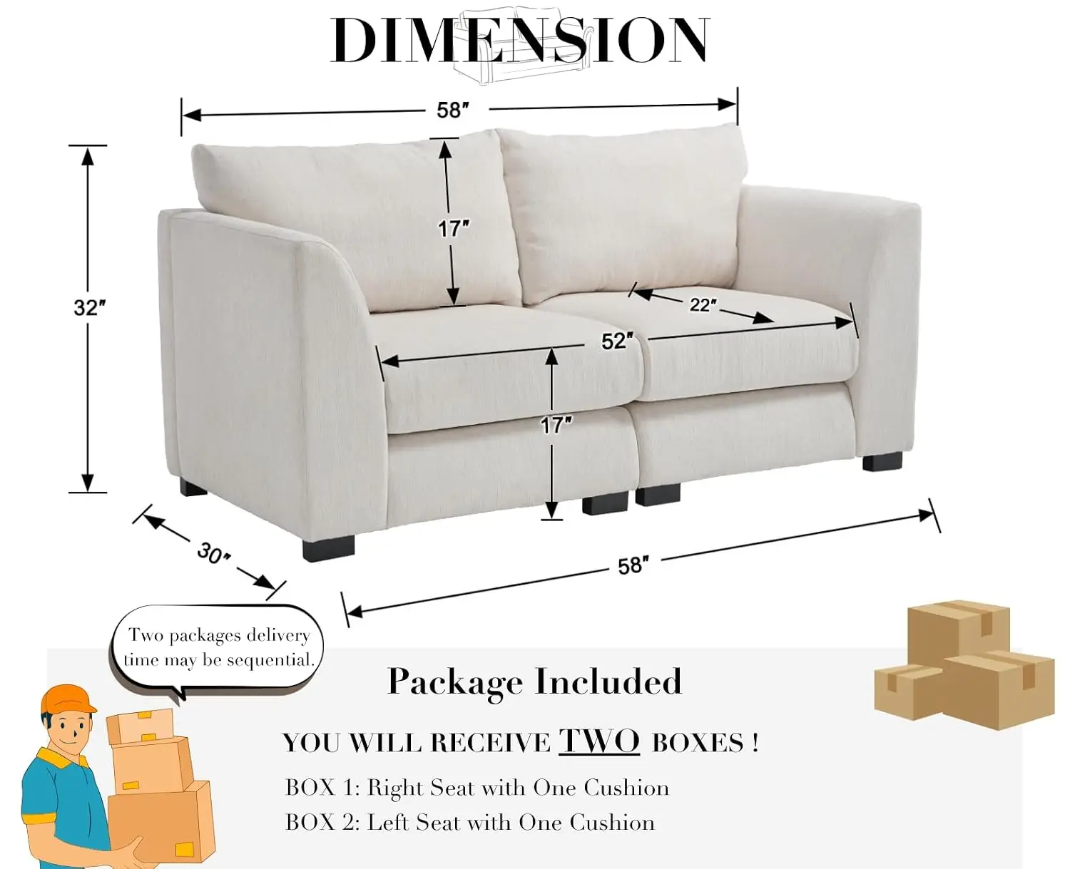 Sofa 2-Seater Deep Seat Wood Frame Modern Sectional For Apartment Office Small Living Room 60