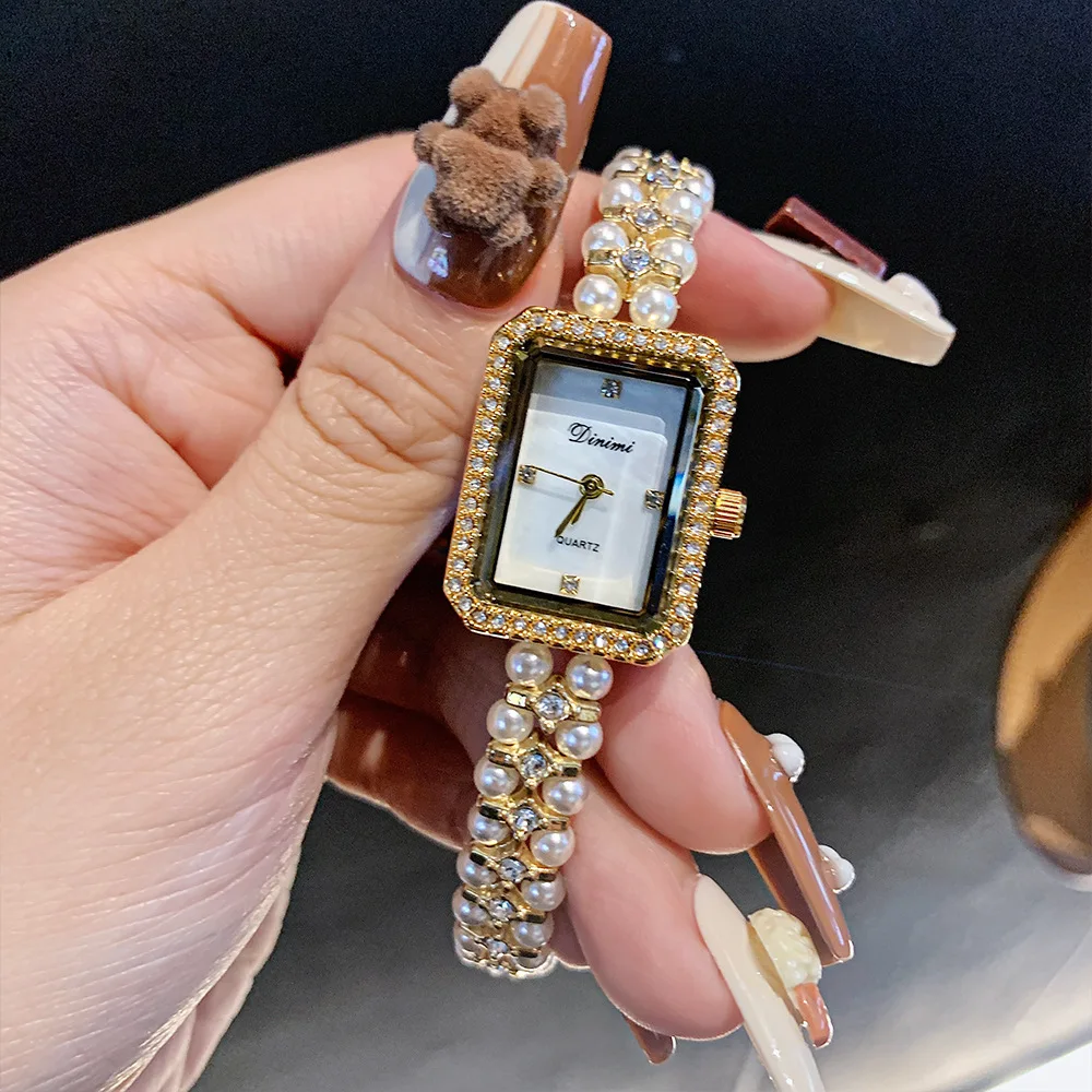 Elegant women's watch, pearl bracelet watch, exquisite small dial, square pearl chain women's watch, birthday gift for women