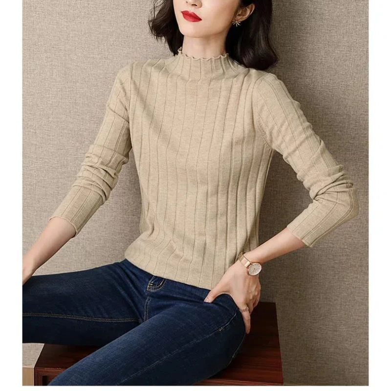 Sweter rajut lengan panjang wanita, Atasan kemeja dasar rajut Mode Korea 3D polos leher palsu musim gugur/dingin