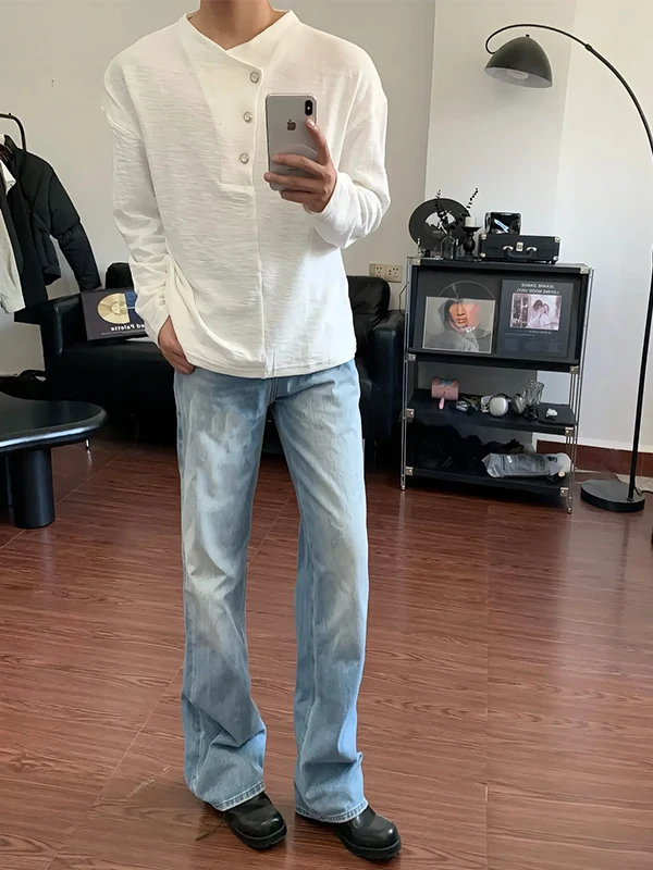 

Light Blue Men's Slim Fit Straight Leg Jeans High Waist Cleanfit Elastic Micro Flared Pants Long Leg Visual Knife Pants