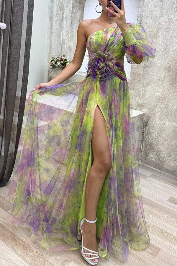 Women Elegant Fashion Flower Zipper High Slit Mesh Long Sexy Party Loose Dress Skirt Maxi Floral Printing Patchwork Casual Boho