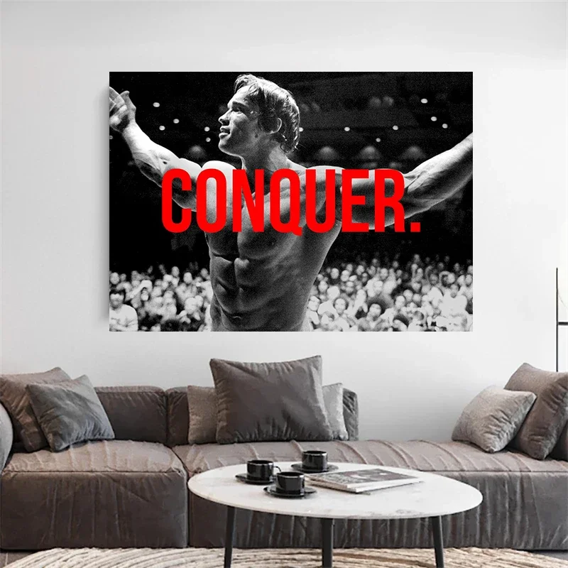 Arnold Schwarzenegger Bodybuilding CONQUER Motivational Quote Art Canvas Poster Print Wall Picture for Living Room Home Decor