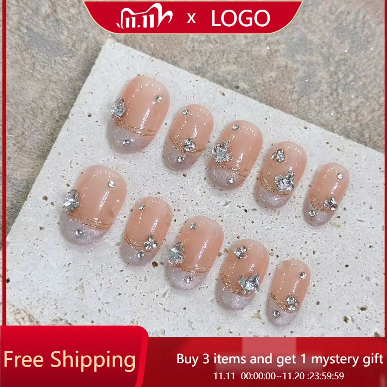 

10pcs Handmade Press-On Nails - Nude Orange-Pink Mix Short Oval with Butterfly & Rhinestone Designs Glossy French Manicure Set