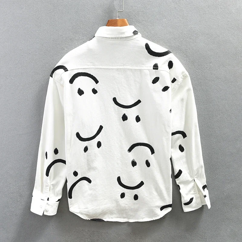 White Smiley Print Shirts for Men Long Sleeve Casual Shirt 2023 New Pure Cotton Dress Shirt 40 Sticks