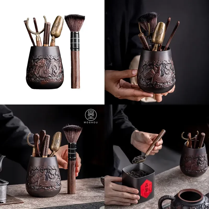 

【CHIMU HOME】 Purple Pottery Ceremony Six Items Set for Chinese Retro Spoon with Relief Design