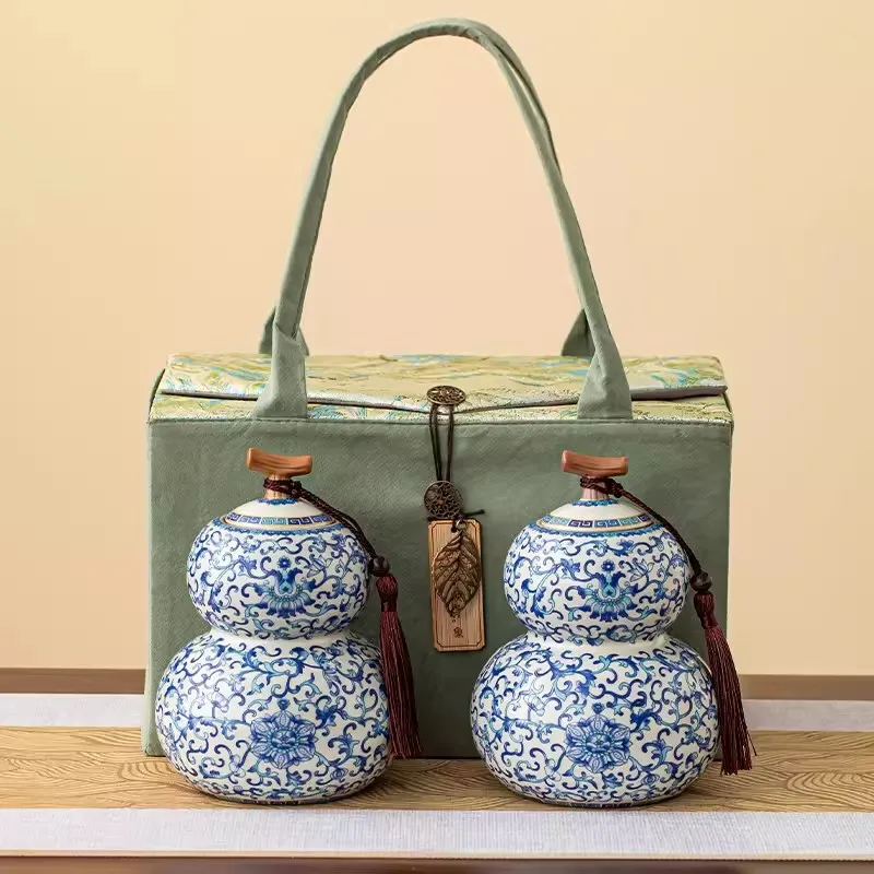 LMM,Ru kiln twisted lotus tea can ceramic sealed can Fulu gourd can large storage tank