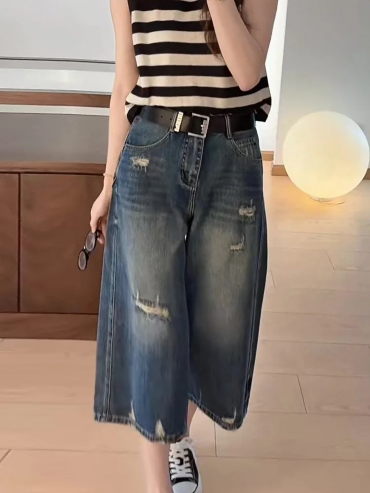 

American Style High Waist Loose Fit Seven Inch Denim Jeans Women Summer Large Size plus Size Slimming Casual Trousers