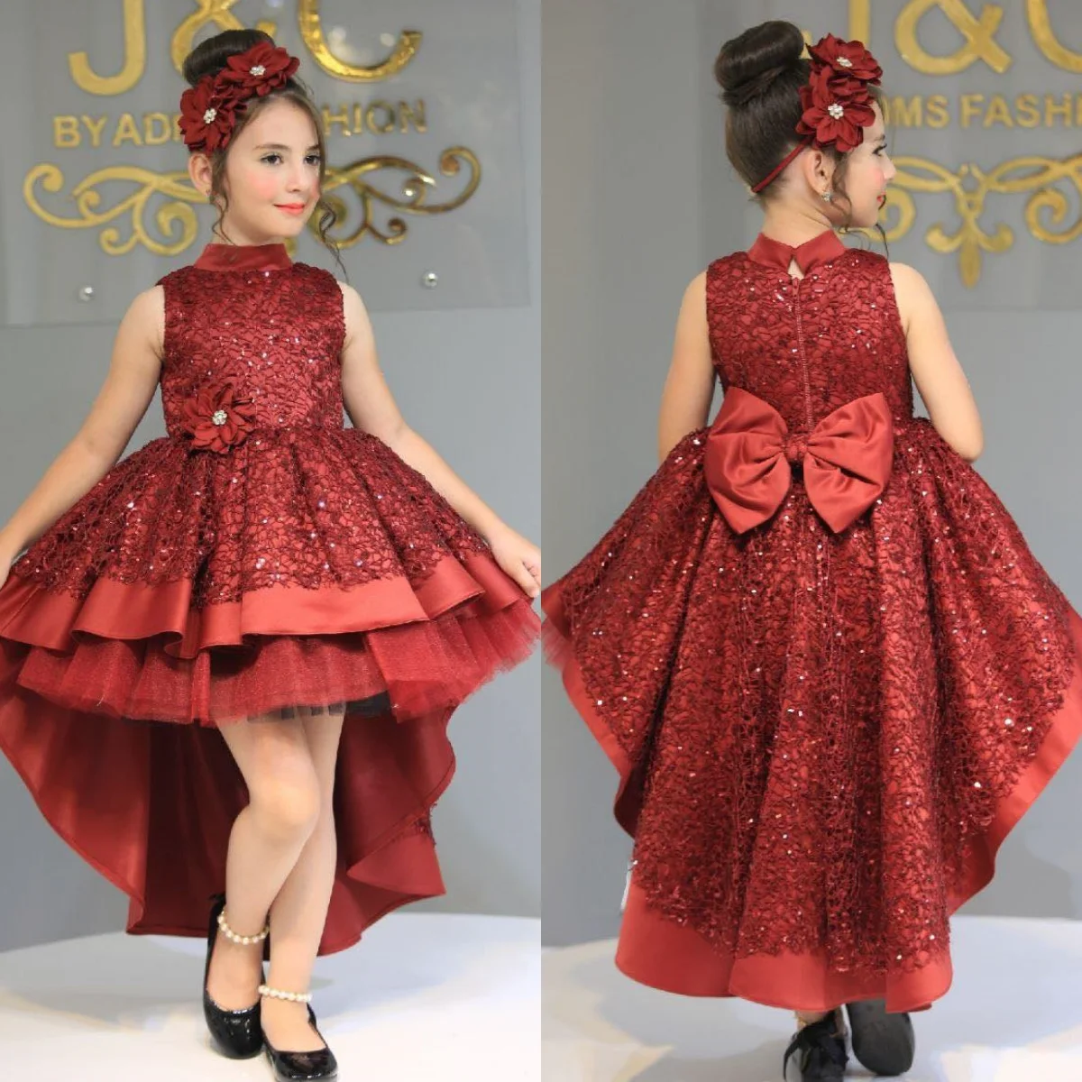 

High Low Red Flower Girl Dresses for Wedding Sequined Lace Pretty Girl's Birthday Party Dress Princess Gowns