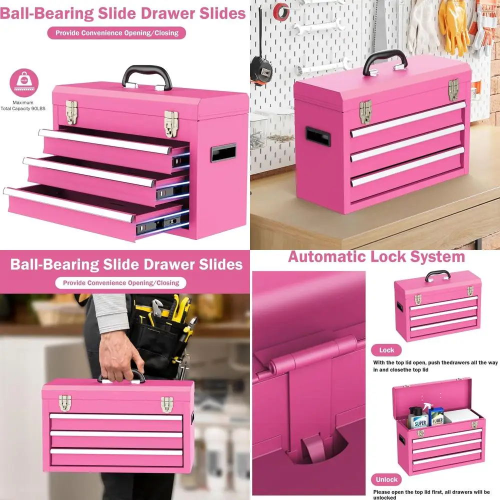 

Pink 3-Drawer Steel Portable Tool Box with Top Tray and Anti-slip Liner for Garage, Home, or Workbench
