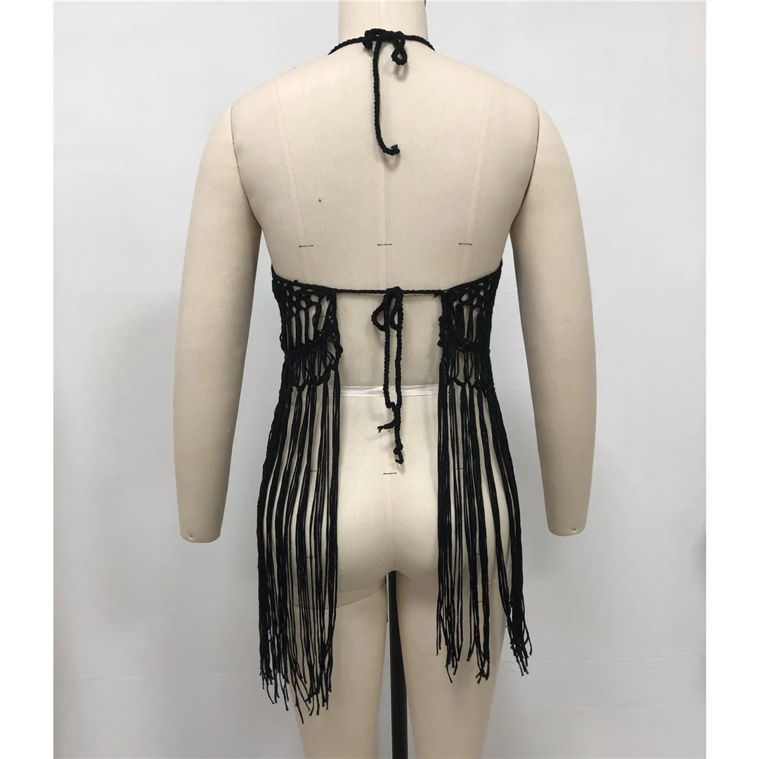 Sexy, langes, mit Fransen versehenes, gehäkeltes, gestricktes Tunika-Oberteil, Strandkleid, Strandmode, Strandbekleidung, Strand-Cover-up, Damen, V5573 – Detail 16