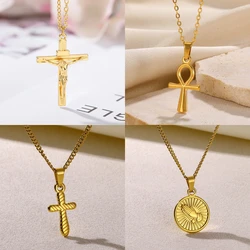 Religion Egyptian Ankh Crucifix Necklaces Gold Color Cross Cuban Chain Stainless Steel Symbol of Life Jewelry Gifts Women Men