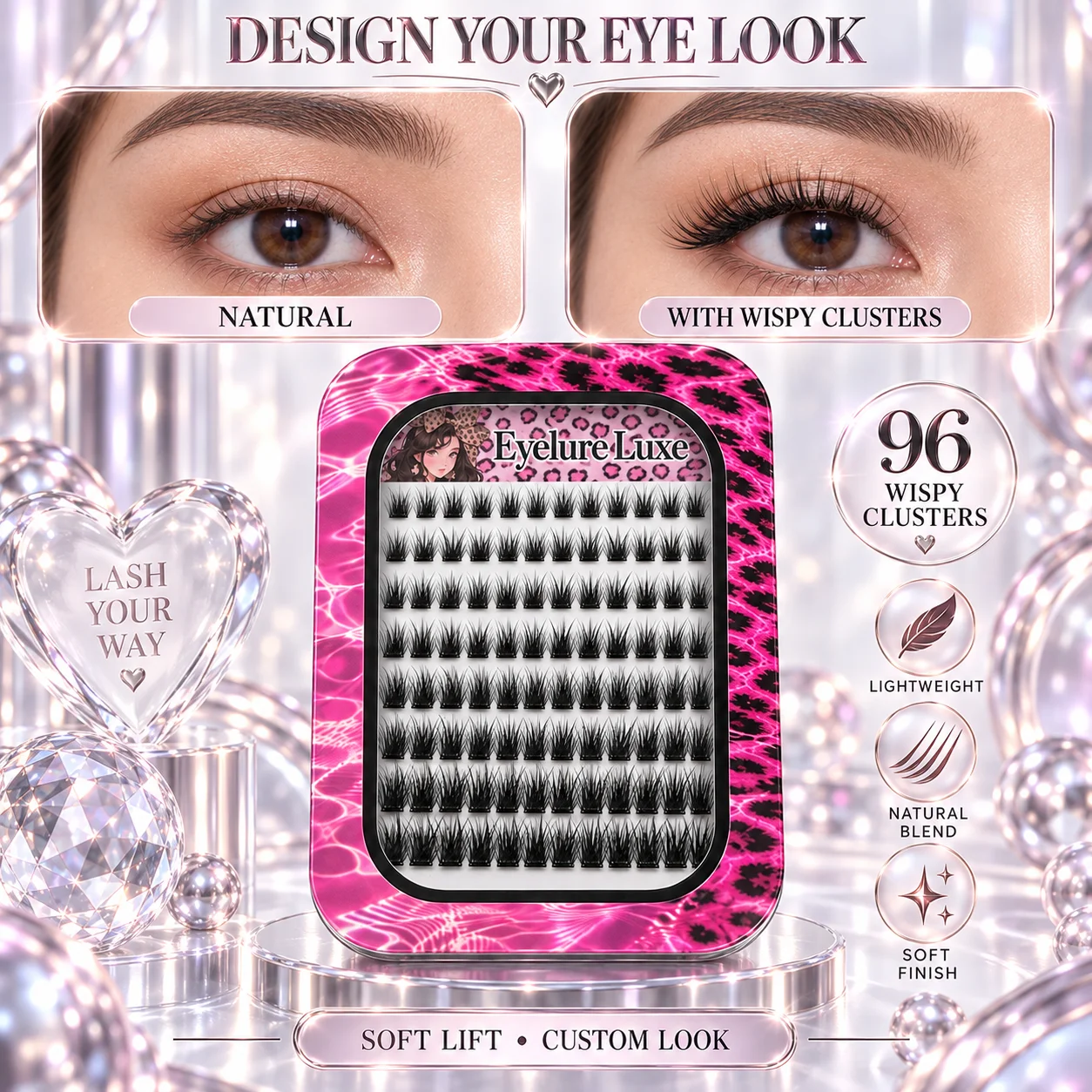 Eyelure Luxe Eyelure Luxe 96 Individual Cluster False Eyelashes, Multi-Layered Messy-Looking Lashes, Premium Gradient Faux Fiber Lashes, Pink Leopard Print Transparent Flip-Top Storage Box Design - Light / Medium / Thick - 3 Different Effects to Choose From, Apply Lightly and Naturally on the Eyes, Suitable for Daily Charm and Special Occasions