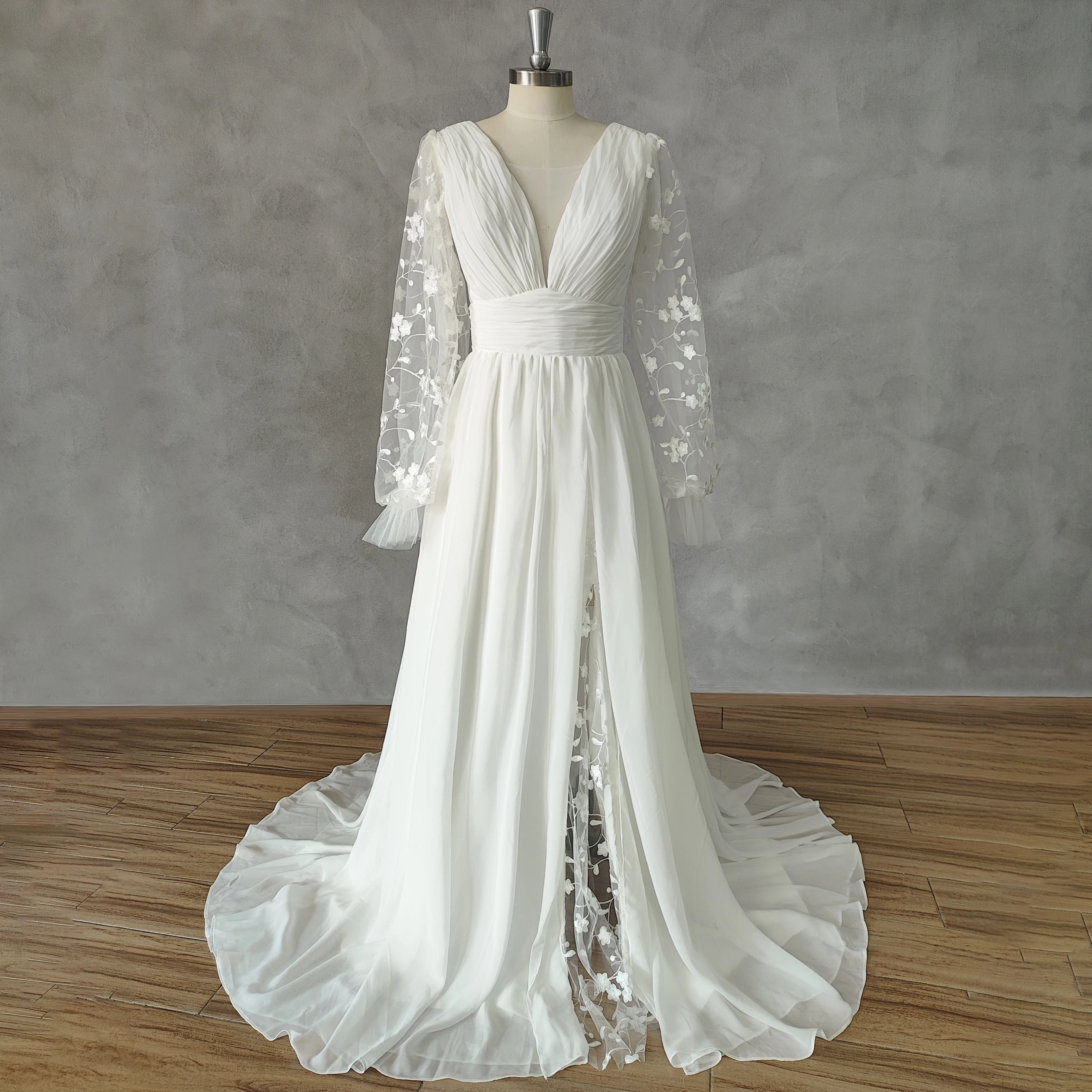 DIDEYTTAWL Real Picture Deep V-Neck A-Line Long Puff Sleeves Chiffon Wedding Dress Open Back Lace Court Train Bridal Gown