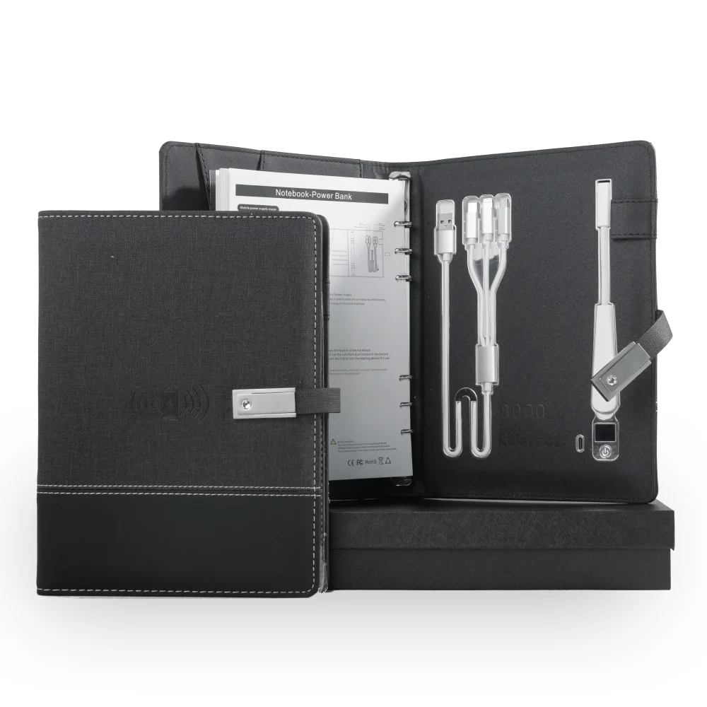 

Ноутбук А5 со встроенным блоком питания, беспроводная зарядка, зарядный кабель 3-в-1, настольная подсветка, USB-накопитель. Журнал для офиса.