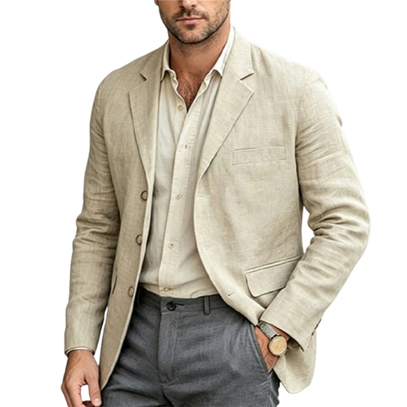 Fashionable Solid Color Blazer Jacket Men 2026 Spring Fall Solid Color Loose Lapel Coat Casual Buttoned Turn-down Men Outwear