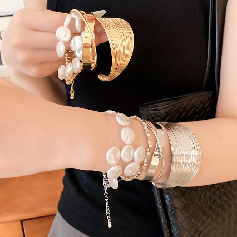 4 Pieces Multi Layered Wire Metal Cuff Bracelet Set Irregular Baroque Pearl Chain Bangle Minimalist Chic Women Fashion Jewelry