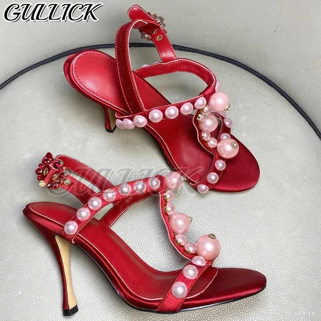 Sandalias de tacón con perlas de color rojo cereza, tacones de