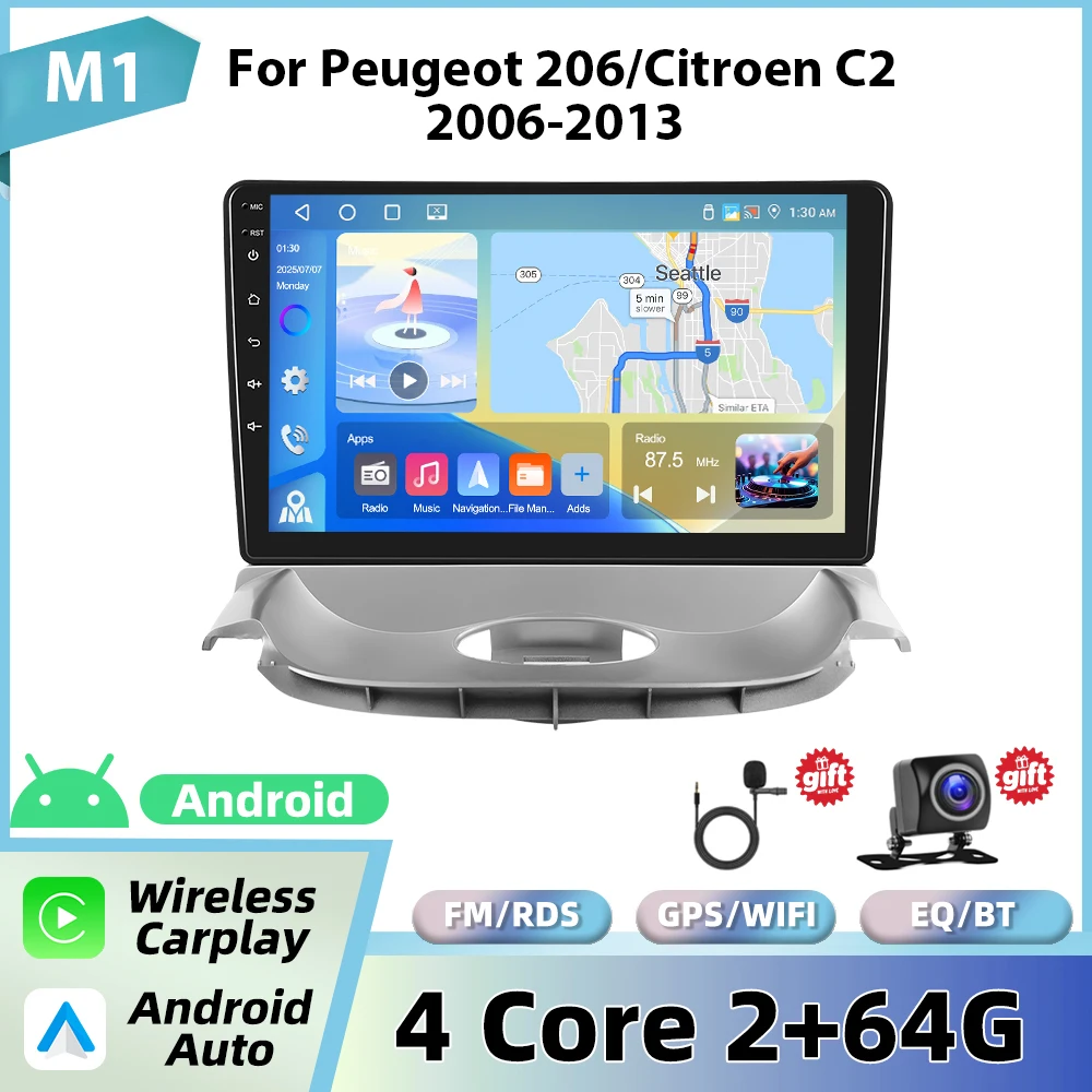 Podofo autoradio voor Peugeot 206 2004-2008/Citroen C2 2006-2013 met draadloze CarPlay, Android Auto, GPS, FM, WiFi, BT en multimedia stereo.