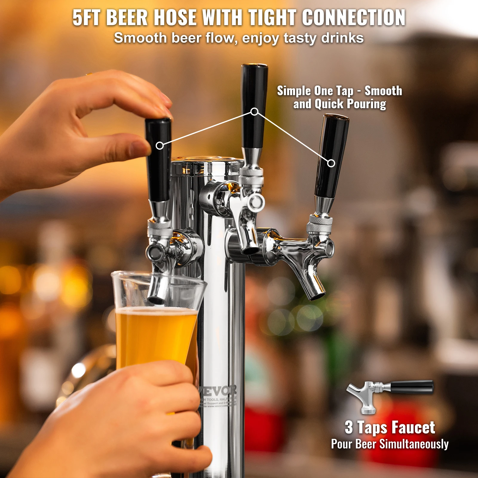 VEVOR Triple Taps Draft Beer Tower Dispenser Stainless Steel Keg Beer Tower Kegerator Tower Kit Pre-Assembled Tubing for Bar