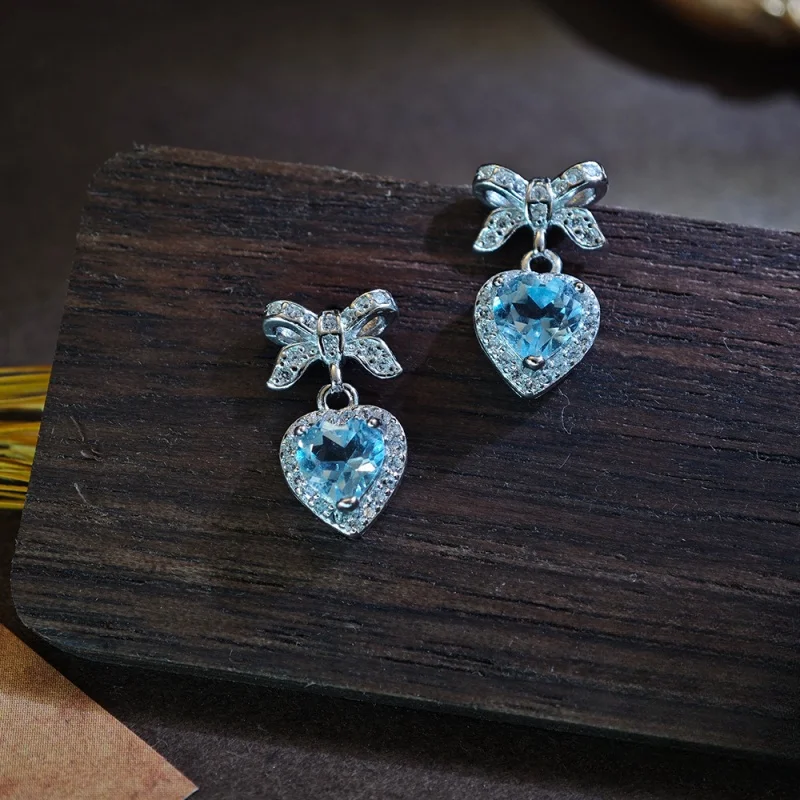 

Blue Topaz Earrings 4*6mm Heart Stud Earring Bow Earring for Woman Luxury Jewelry 2024