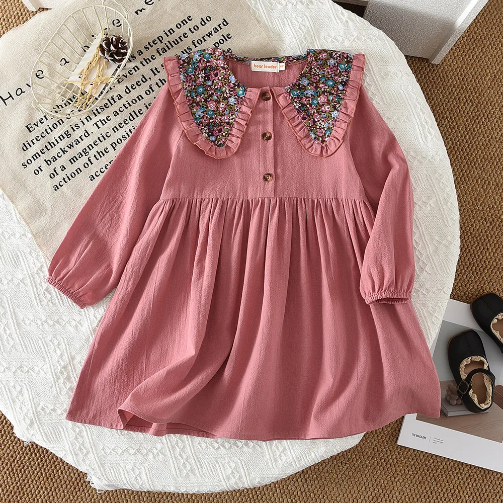 Spring and Autumn Fashion Casual 2-6 Year Old Girl Floral Lapel Long Sleeved Dress Wine Red Daily Wear