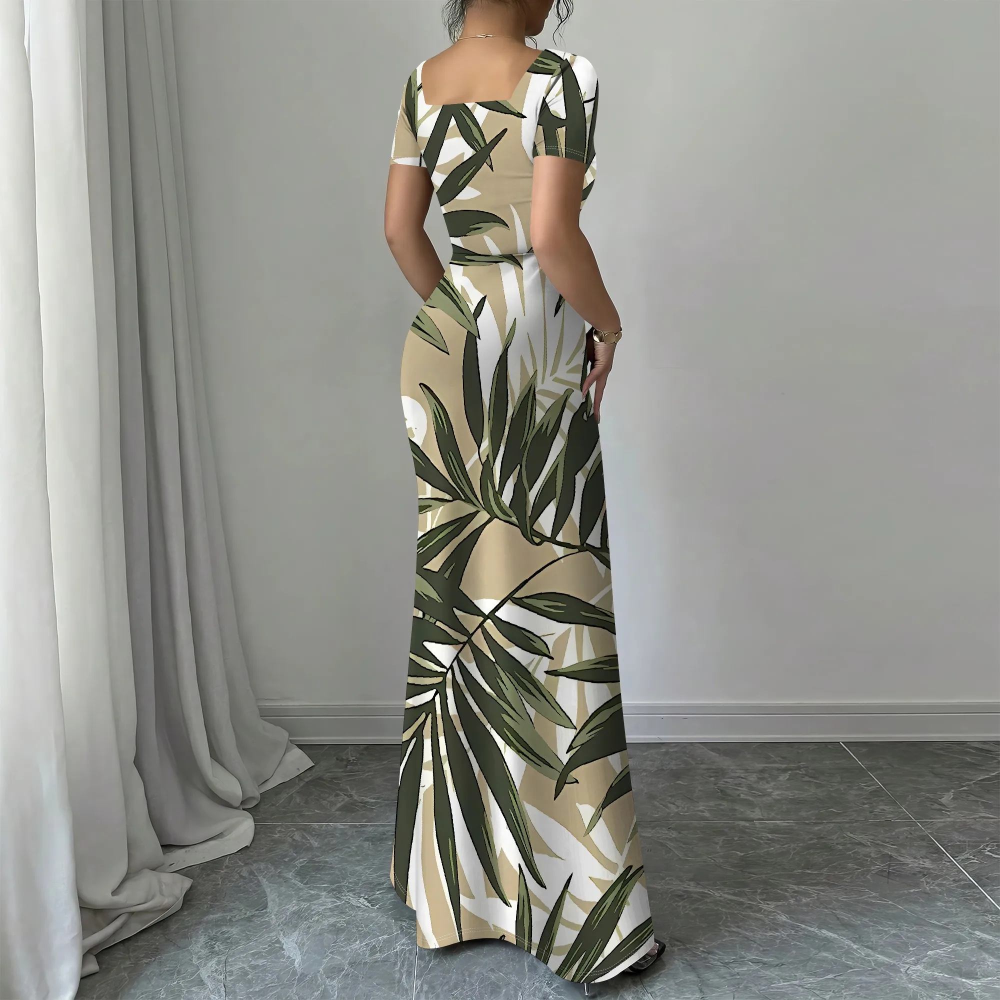 Nupusa Tropical Leaf Print Dress for Women Standard Size Summer Casual Square Neck Short Sleeve Maxi Dress
