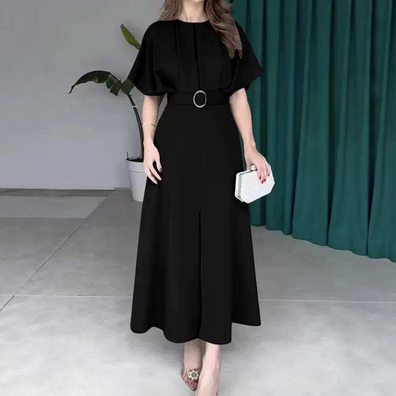Elegant Waist-Cinched Maxi Dress Loose Batwing Sleeves Pleated Round Neckline Party Gown 2026 Spring/Summer Dress Collection
