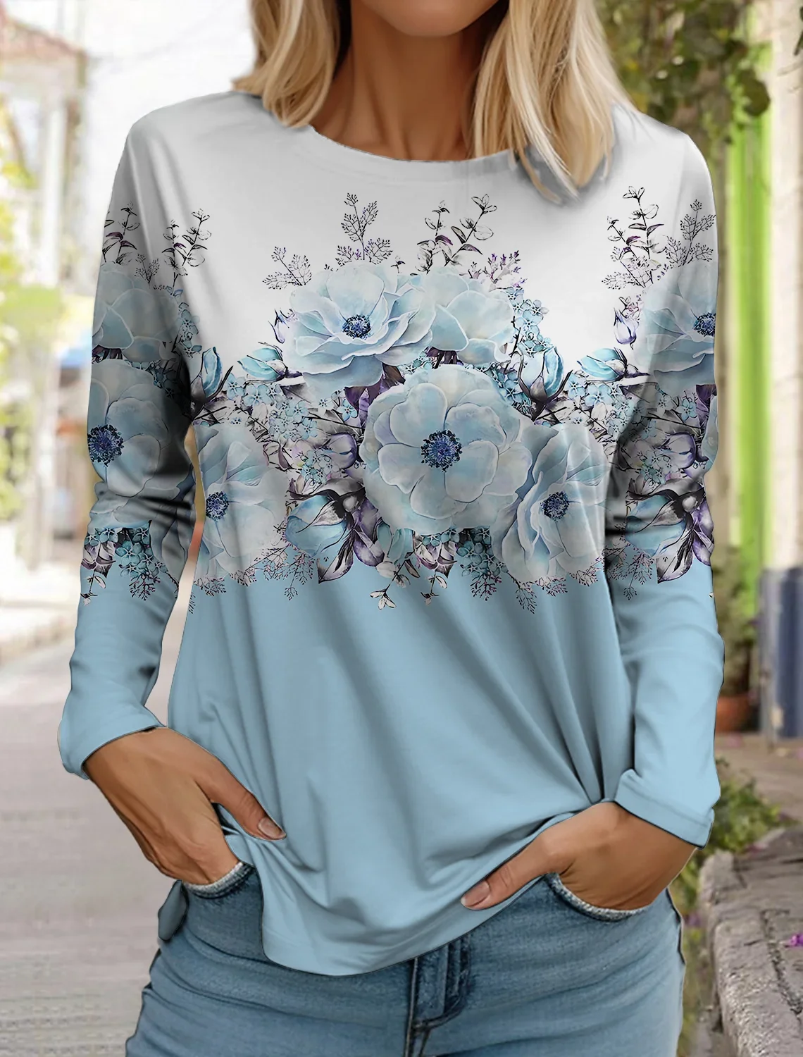 Vintage Floral Women's T Shirts Long Sleeve Round neck Casual Tops 3D Printed Flowers Loose T Shirts Spring New Women's Clothing