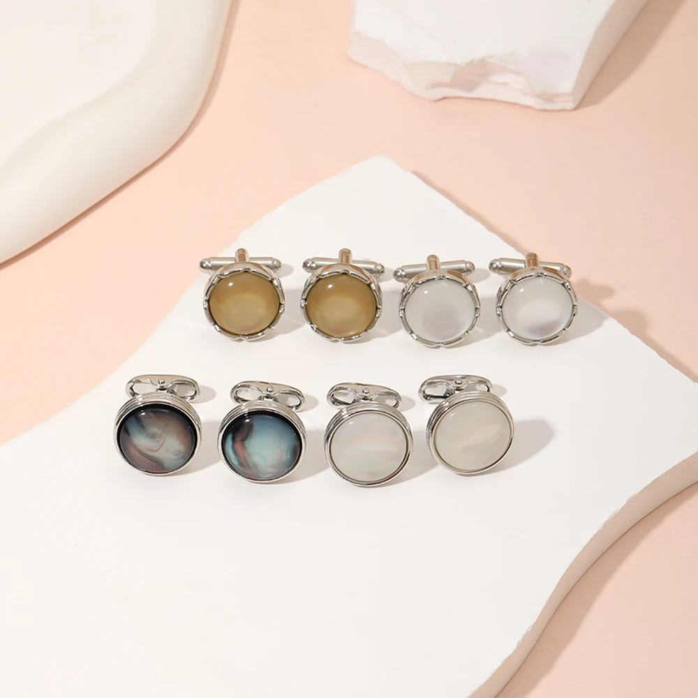 Luxury Cabochon Opal Design Round Cufflinks Mens Formal Unique Whale Back Closure Sleeve Button