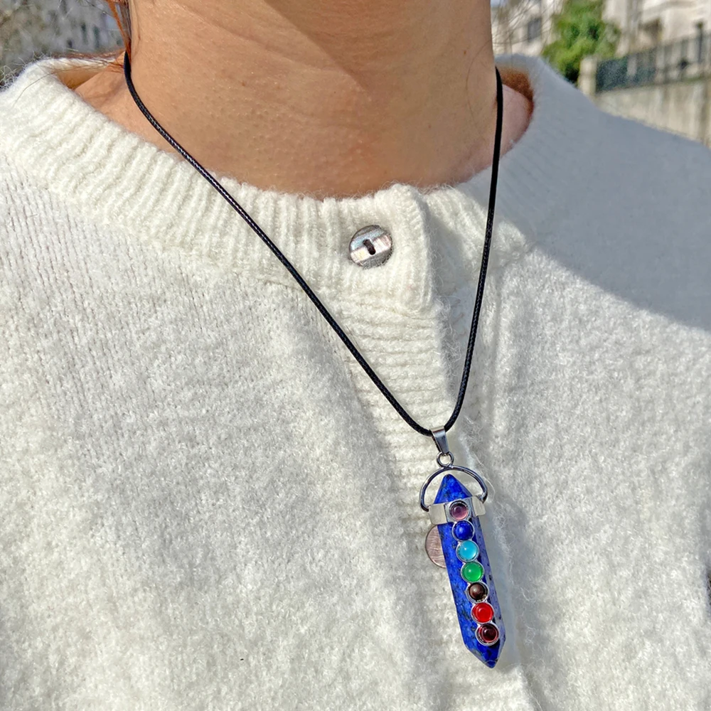 7 Chakras Stone Necklace Lapis Lazuli Hexagonal Column Necklace For Women Men Natural Crystal Stone Rope Choker Male Jewelry