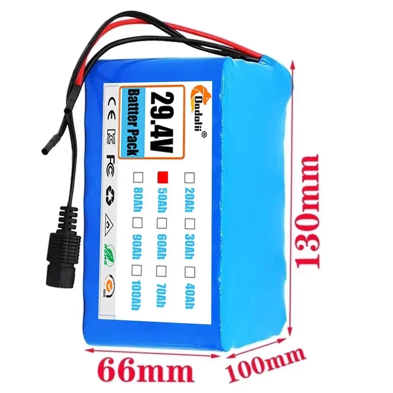 7S5P 18650 Lithium Battery Pack 24V 50Ah 15A BMS 500W 29.4V 50000mAh for Wheelchair Electric Vehicle Plus 2A Charger