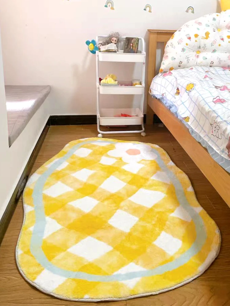 Irregular Living Room Large Area Carpets Pink Plaid Bedroom Bedside Carpet Cute Children Girl Room Rugs Plush Soft Cloakroom Rug